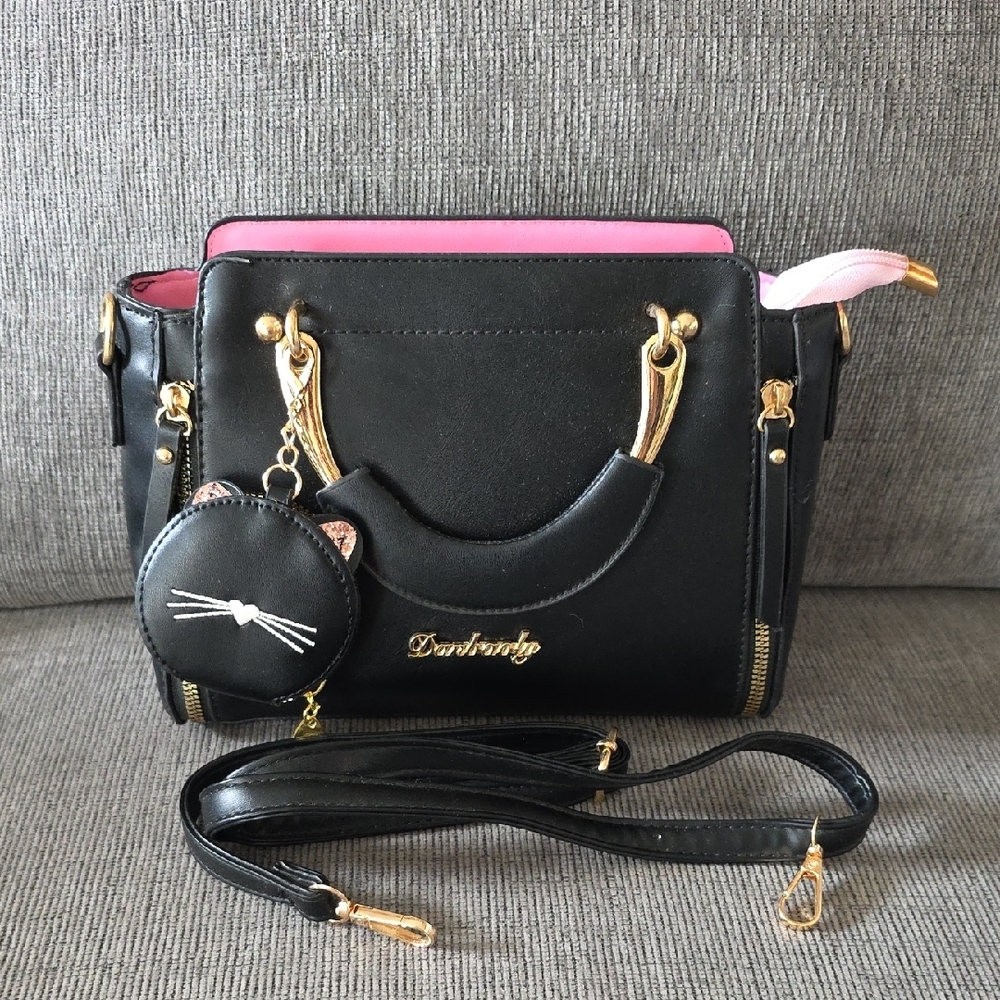 Black‎ Handbag with Gold And Pink Accents By Danbaoly, New, With Shoulder Strap